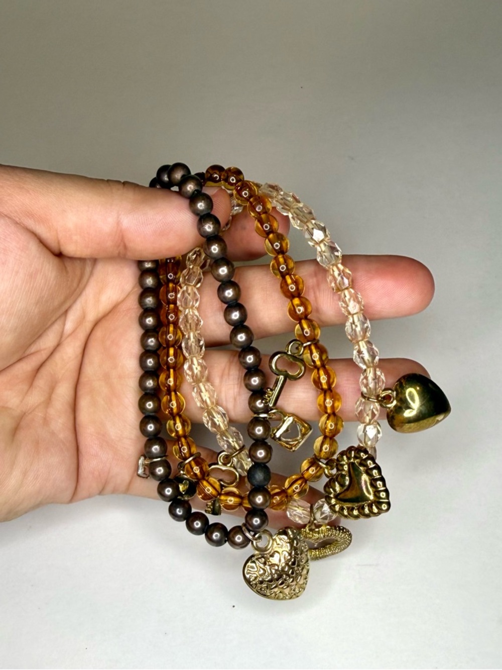 Layered Heart Charm Bracelet Set - Gold, Amber, Brown